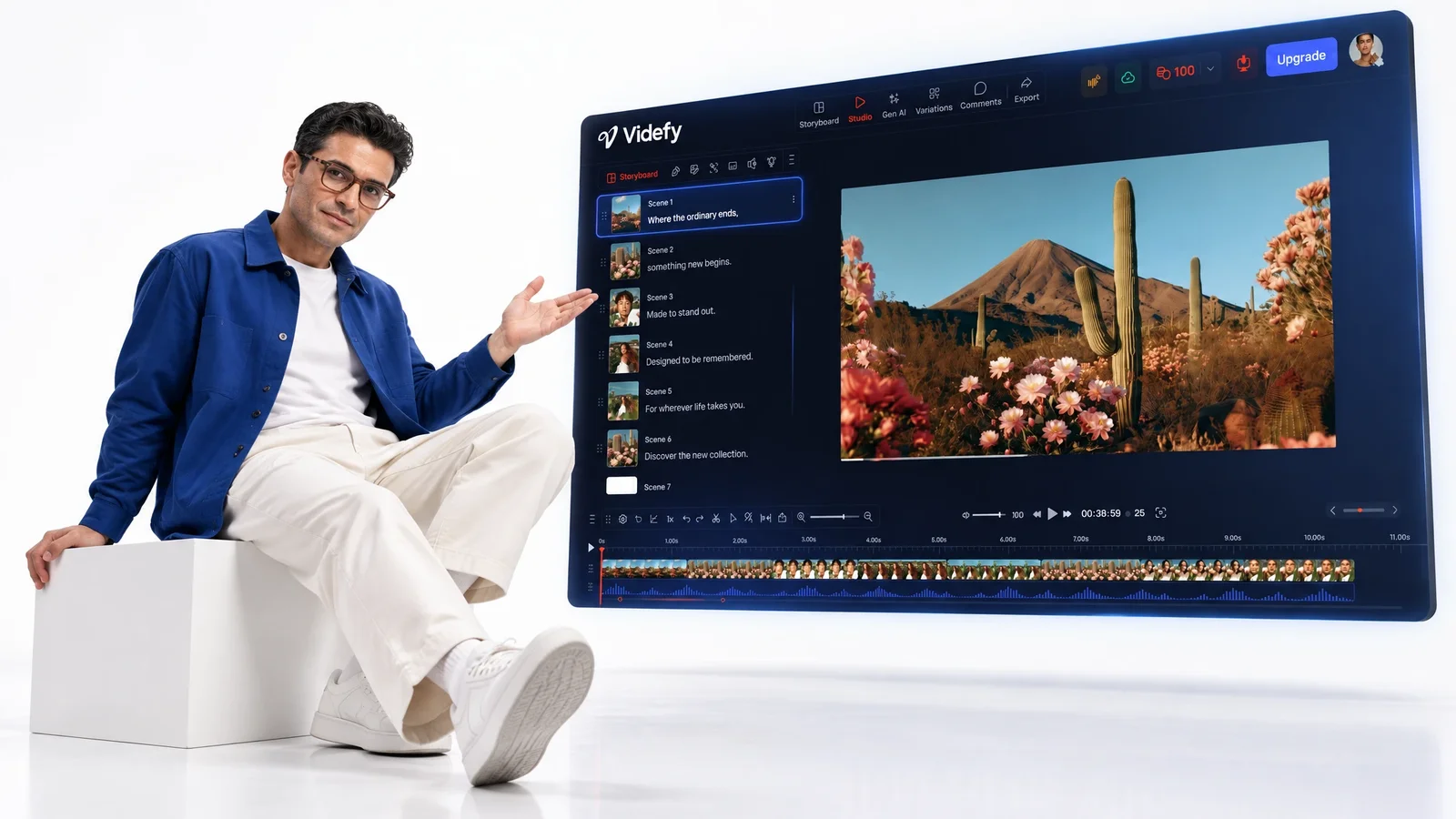 A creator beside a Videfy project with the video preview and editing timeline.
