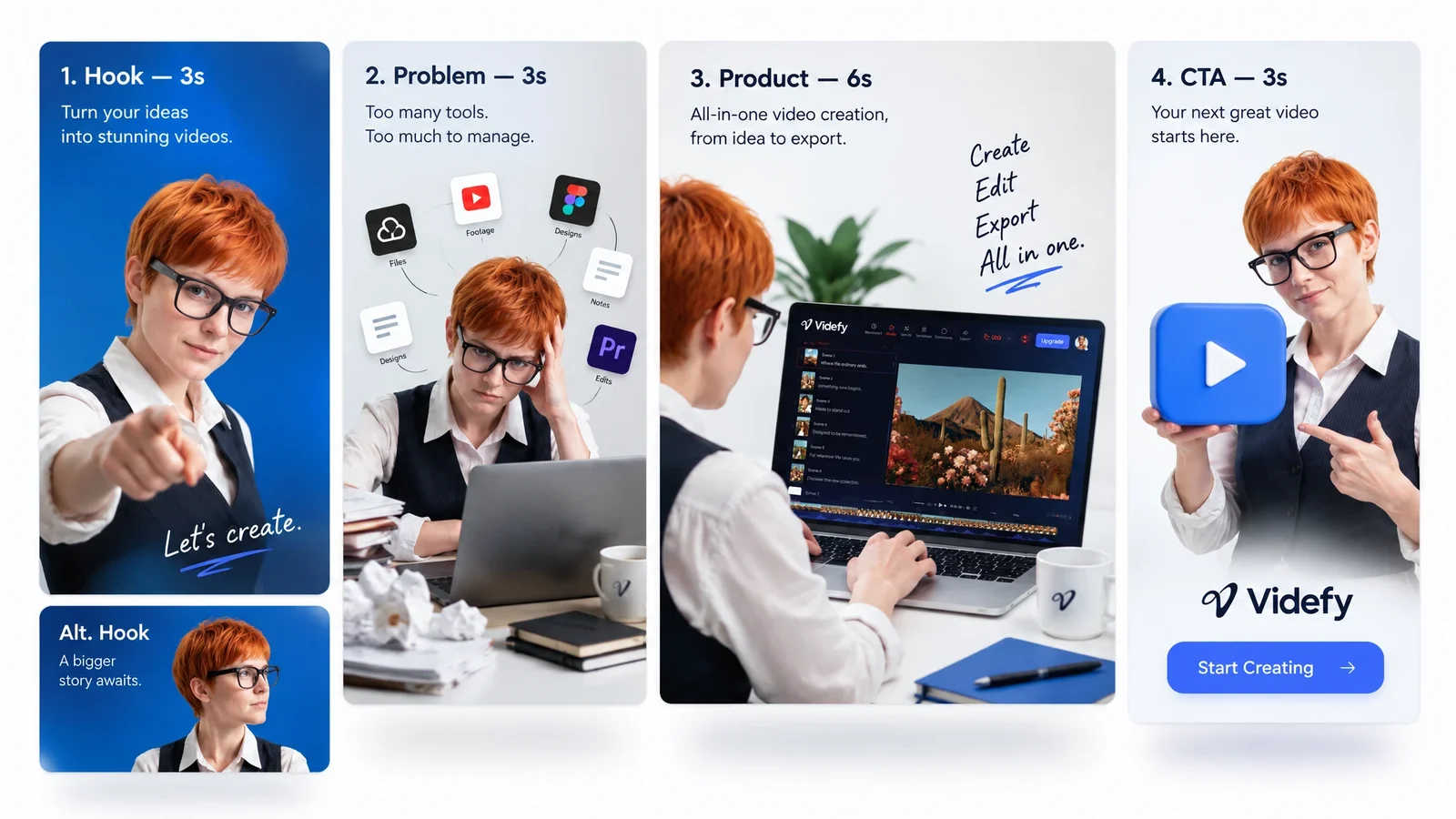 Four social ad scenes with a hook, problem, product, and call to action.